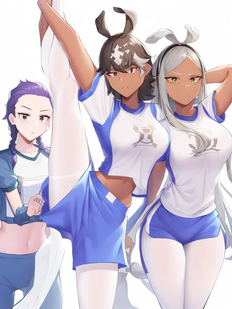 (obra de arte, Melhor qualidade:1.2), 1 garota, Sozinho, standing_dividir, corpo todo, brincadeira, medium breasts, cabelo longo, olhando para o espectador, cabelo longo, Sorriso, blue gym shorts, ,gym shirt,Manga curta,(white pantyhose), na Academia