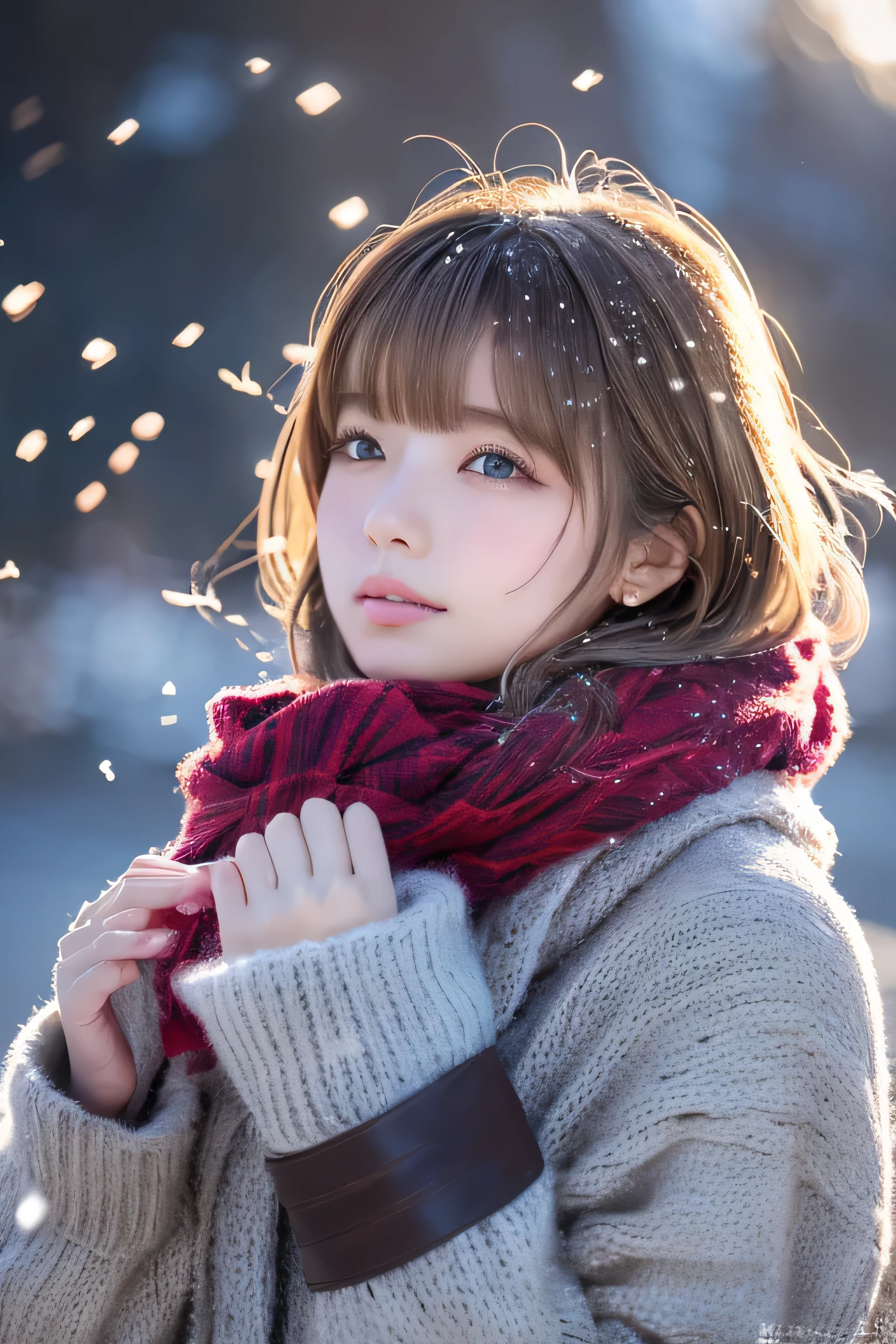 ((hair blowing in the wind、No makeup:1.2))、(realistic、Photoreal、super detailed、best detailed skins、highest quality、masterpiece、超A high resolution)、cute russian woman、14 years、high school girl、young girl、1 girl、have bangs、ash blonde:1.7、double eyelid、drooling eyes、Japanese style face、purity、realistic skin type、thick muffler、Gray muffler、fluffy hair、((There's hair in the scarf:1.3))、red cheeks、The wind is blowing、It's snowing、night、illumination、lighting from behind、hair blowing in the windがステキ、