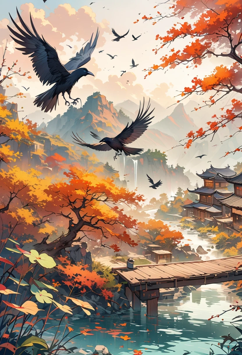 a chinese painting, Chinese background,(1 crow:1.3),In the sun,golden red sun,mountains, Xiangyun, masterpiece, Ultra-detailed, epic work, ultra high definition, high quality, Very detailed, official art, unity 8k wallpaper, Ultra-detailed, 32k