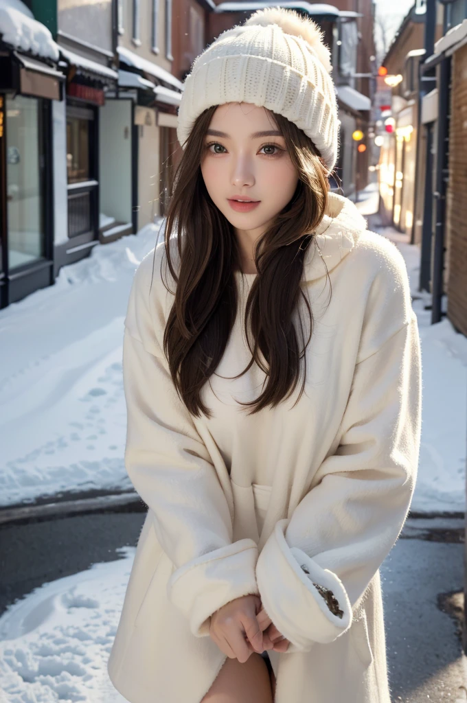 (best quality,highres,ultra-detailed),(realistic:1.37),portrait,painting,(oil painting:1.2),individual,young girl,23 years old,brown eyes,beautiful detailed eyes,beautiful detailed lips,extremely detailed eyes and face,long eyelashes,wavy brown hair,fine hair detailed,full figure,tall and slender body,confident pose,long hair tied up,short hair details,green winter clothing,stylish and fashionable outfit,wearing a trendy winter hat,model,standing on a snowy street,holding a snack in her hand,expressive and engaging eyes,alluring smile,sexy breasts,feminine curves,random photo pose,vivid colors,soft and warm lighting,cozy winter atmosphere