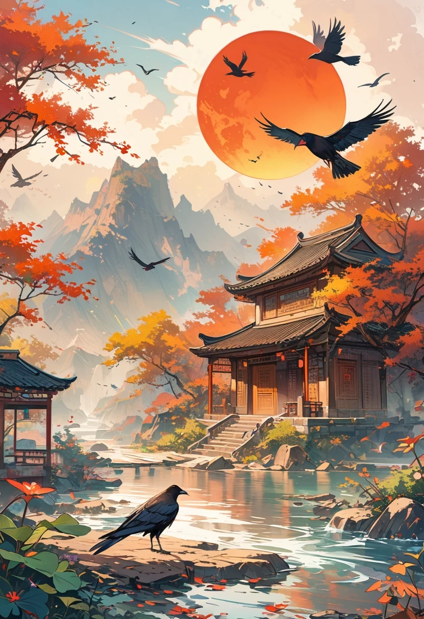 a chinese painting， Chinese background，1 crow，In the sun，golden red sun，mountains， Xiangyun， masterpiece， Ultra-detailed， epic work， ultra high definition， high quality， Very detailed， official art， unity 8k wallpaper， Ultra-detailed， 32k