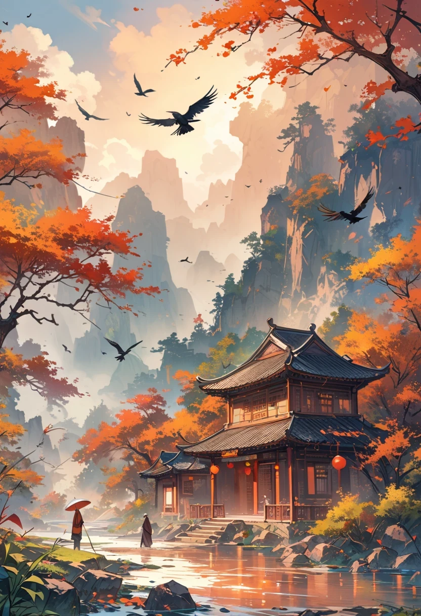 a chinese painting, Chinese background,1 crow,In the sun,golden red sun,mountains, Xiangyun, masterpiece, Ultra-detailed, epic work, ultra high definition, high quality, Very detailed, official art, unity 8k wallpaper, Ultra-detailed, 32k