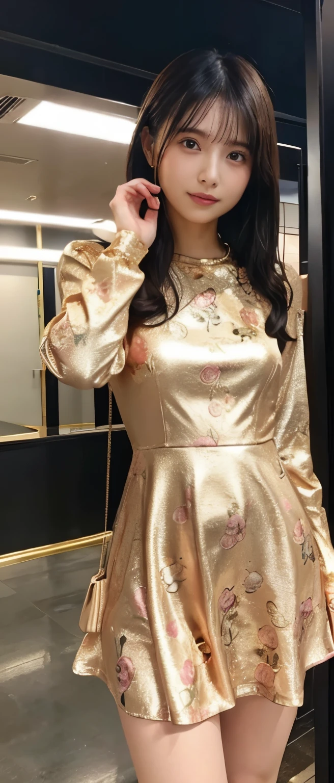 Sexy Idol Girl、whole body、good style、、、、Pink gold floral mini dress、、、、、、cyber city、