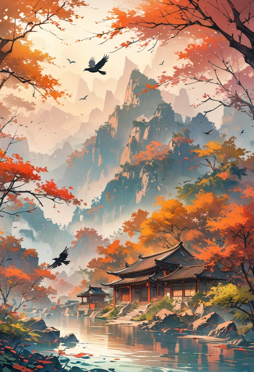 a chinese painting, Chinese background,1 crow,In the sun,golden red sun,mountains, Xiangyun, masterpiece, Ultra-detailed, epic work, ultra high definition, high quality, Very detailed, official art, unity 8k wallpaper, Ultra-detailed, 32k