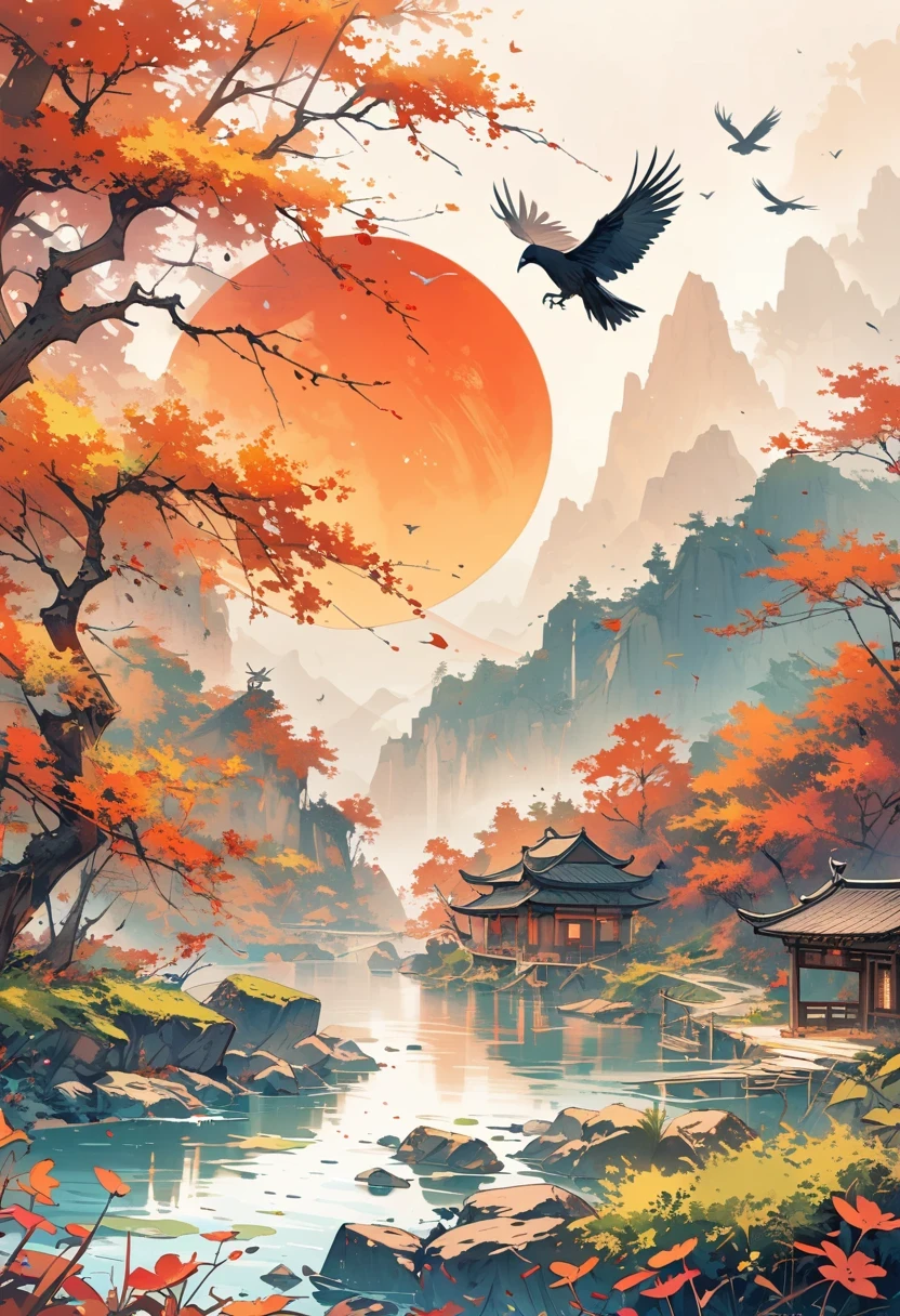 a chinese painting, Chinese background,1 crow,In the sun,golden red sun,mountains, Xiangyun, masterpiece, Ultra-detailed, epic work, ultra high definition, high quality, Very detailed, official art, unity 8k wallpaper, Ultra-detailed, 32k