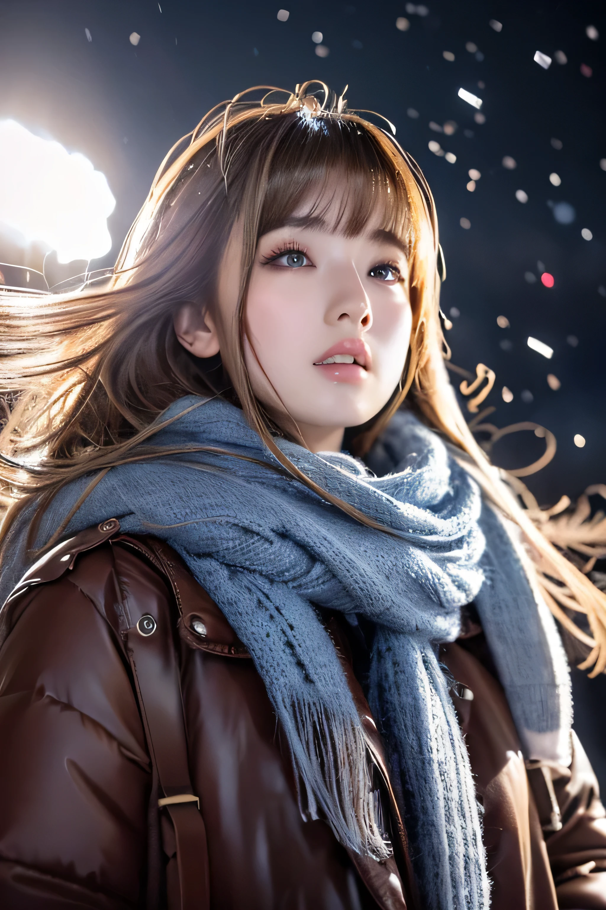 ((hair blowing in the wind、No makeup:1.2))、(realistic、Photoreal、super detailed、best detailed skins、highest quality、masterpiece、超A high resolution)、cute russian woman、14 years、high school girl、young girl、1 girl、have bangs、ash blonde:1.7、double eyelid、drooling eyes、Japanese style face、purity、realistic skin type、thick muffler、Gray muffler、fluffy hair、((There&#39;s hair in the scarf:1.3))、red cheeks、The wind is blowing、It&#39;s snowing、night、illumination、lighting from behind、hair blowing in the wind