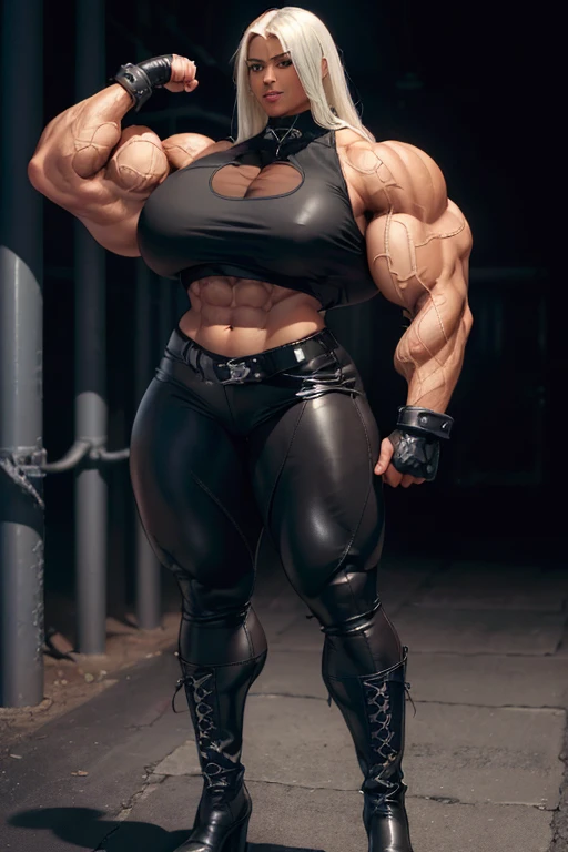 (((((Massive tall, beautiful, buff, brown skinned muscular woman with white hair, ginormous bulky muscles, and wearing a tight black cropped leather top with tight black pants))))), close view, massive muscle, massive biceps, hyper muscle shoulders, (massive muscle arms), vascular shoulders, hyper muscle triceps, (long straight hair), blue eyes, choker, (long fingerless gloves), chained belt, black boots, (in a pitch black alley), confidant smile, night, hyper vascular arm, hyper muscles arms, hyper muscle legs, (massive arms).
