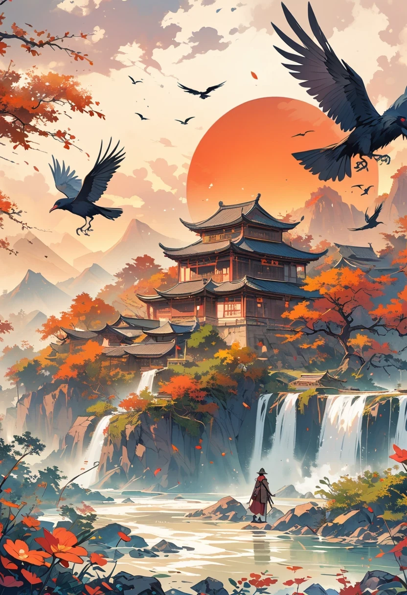 a chinese painting, Chinese background,1 crow,In the sun,golden red sun,mountains, Xiangyun, masterpiece, Ultra-detailed, epic work, ultra high definition, high quality, Very detailed, official art, unity 8k wallpaper, Ultra-detailed, 32k