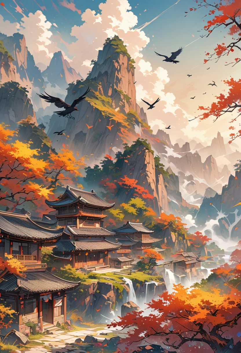 a chinese painting, Chinese background,1 crow,In the sun,golden red sun,mountains, Xiangyun, masterpiece, Ultra-detailed, epic work, ultra high definition, high quality, Very detailed, official art, unity 8k wallpaper, Ultra-detailed, 32k