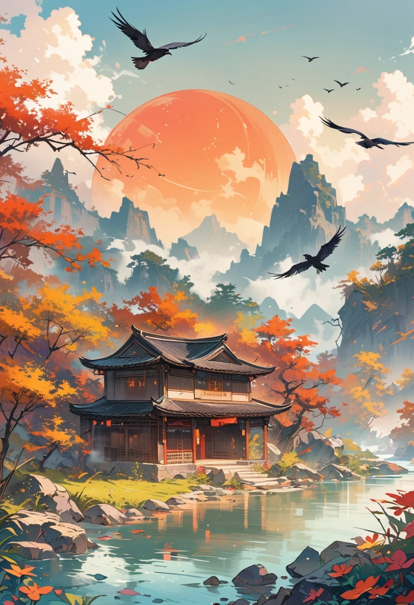 a chinese painting, Chinese background,1 crow,In the sun,golden red sun,mountains, Xiangyun, masterpiece, Ultra-detailed, epic work, ultra high definition, high quality, Very detailed, official art, unity 8k wallpaper, Ultra-detailed, 32k