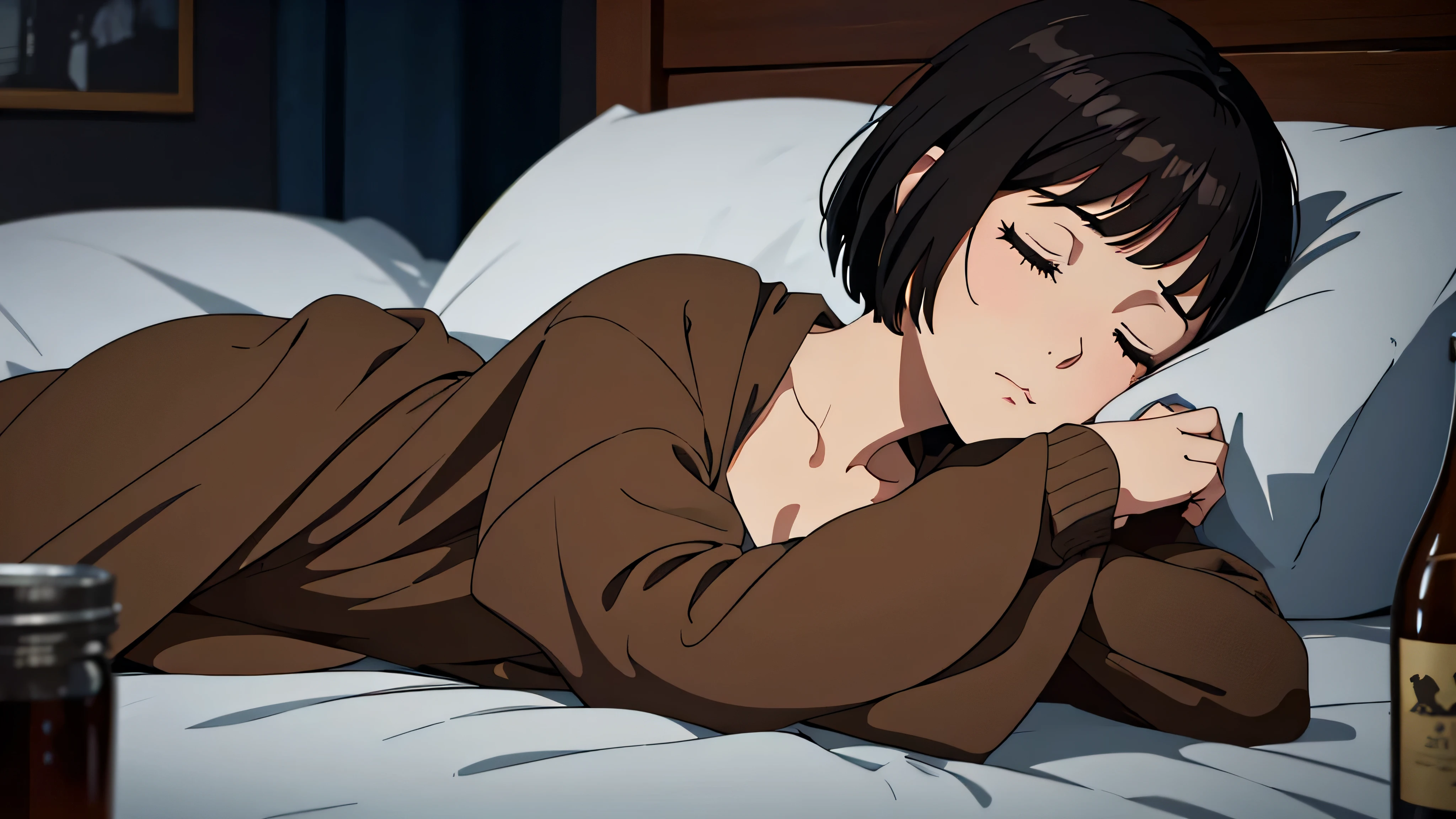 Generate an image of a woman with blackish-brown short bob hair, peacefully asleep on a bed inside a small coastal house. The room should be completely dark with no visible light, emphasizing the nighttime atmosphere. The woman's eyes are closed, displaying a contented sleeping expression. She is covered up to her shoulders with a blanket. In front of her lies a transparent empty bottle, tilted and lying on its side. Capture a bust-up shot, focusing on her from the chest up.