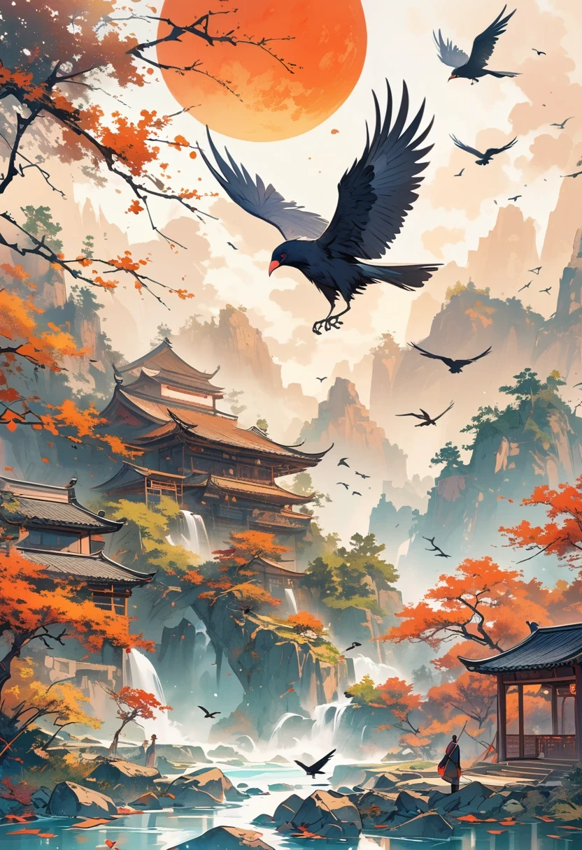 a chinese painting, Chinese background,1 crow,In the sun,golden red sun,mountains, Xiangyun, masterpiece, Ultra-detailed, epic work, ultra high definition, high quality, Very detailed, official art, unity 8k wallpaper, Ultra-detailed, 32k
