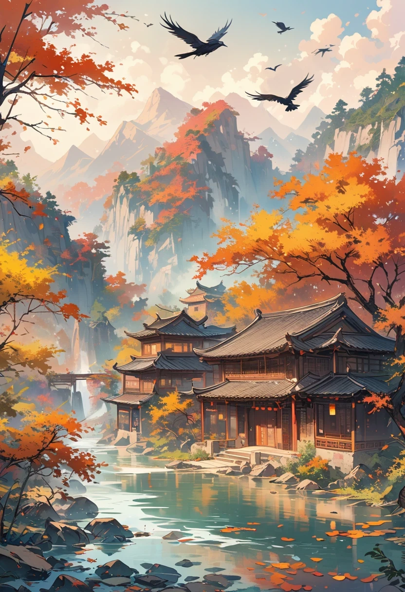 a chinese painting, Chinese background,1 crow,In the sun,golden red sun,mountains, Xiangyun, masterpiece, Ultra-detailed, epic work, ultra high definition, high quality, Very detailed, official art, unity 8k wallpaper, Ultra-detailed, 32k