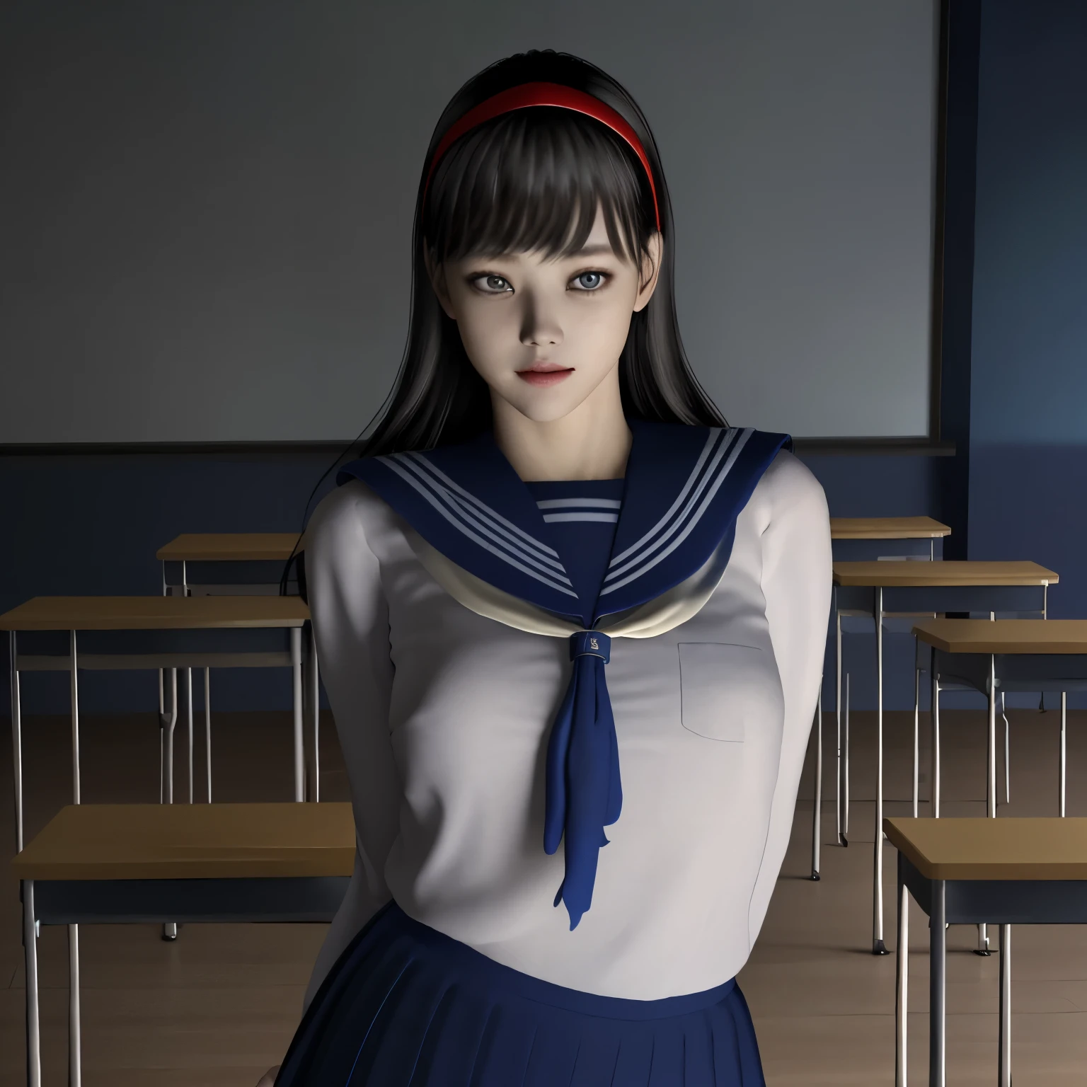 (Detailed CG、unity、8k wallpaper)、(very delicate and beautiful)、(masterpiece)、(highest quality:1.2)、(超A high resolution:1.3)、(beautiful realistic asian),beautiful lighting、perfect lightning、realistic shadow、fine skin、Super detailed、detailed face and eyes、realistic eyes、sharp pupils、Huge , inside the classroom、School、sunset、beautiful face、blurred background、(japanese woman)、shiny skin、side up、beautiful black hair、dull bangs、Japan High School Sailor Uniform、pleated mini skirt、gentle smile, ((table top, highest quality)), (shiny skin), cinematic lighting, Physically based rendering, award-winning, highly detailed skin, highly detailed face, Beautiful eyes in every detail, Carl Zeiss 85mm F/1.4, (Cowgirl:1.3), (cumin , on the chest and thighs), she'To a very cute 16 year old , (brown hair, straight long hair, open your eyes, round face), big cleavage, (sailor blouse, Pull up the pleated skirt yourself:1.3), watching from a distance, (spread your legs, thigh focus),art by、
