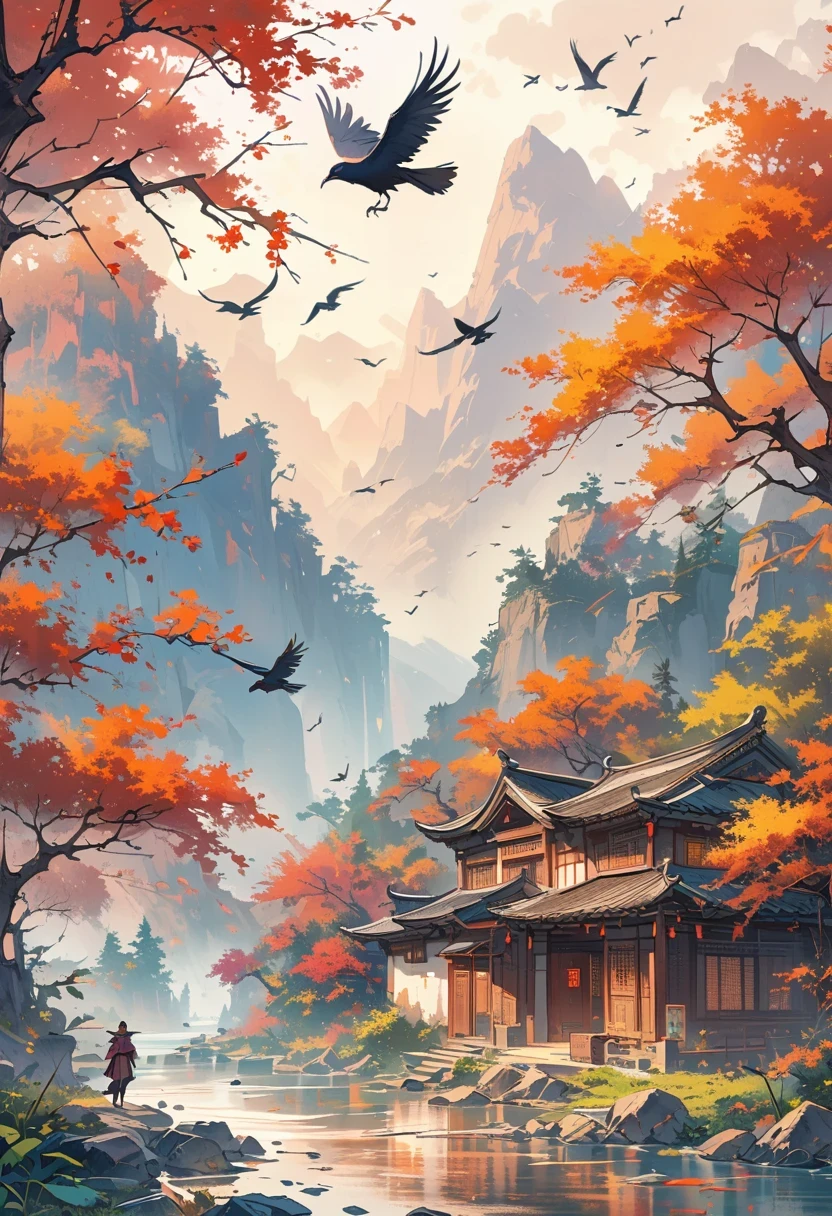 a chinese painting, Chinese background,1 crow,In the sun,golden red sun,mountains, Xiangyun, masterpiece, Ultra-detailed, epic work, ultra high definition, high quality, Very detailed, official art, unity 8k wallpaper, Ultra-detailed, 32k