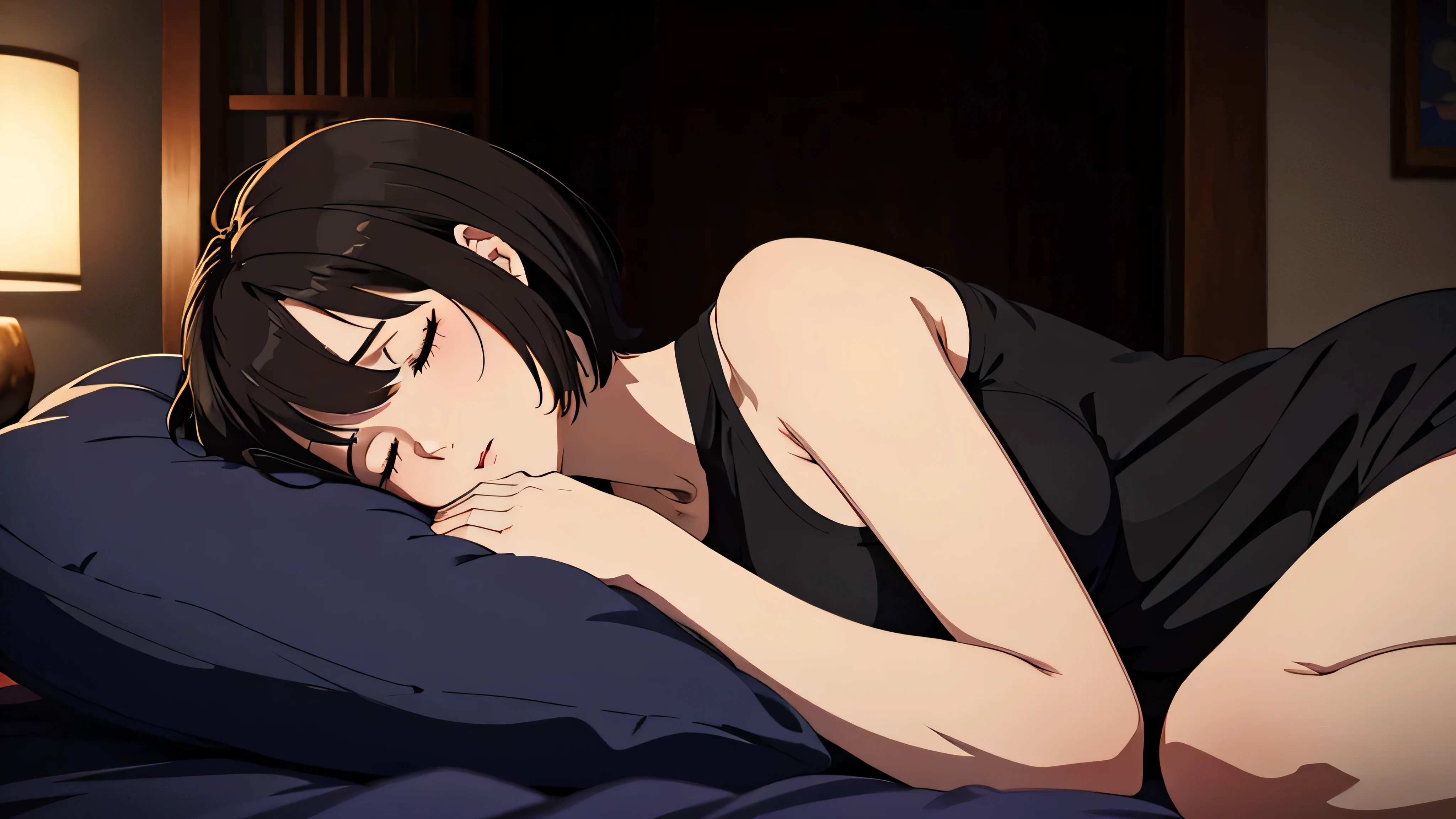 Generate an image of a woman with blackish-brown short bob hair, peacefully asleep on a bed in a completely dark room. No light is shining directly on the woman, emphasizing the nighttime atmosphere. She has a contented sleeping expression with a blanket covering her up to her shoulders. In front of her lies a transparent empty bottle. Capture a bust-up shot, focusing on her from the chest up.