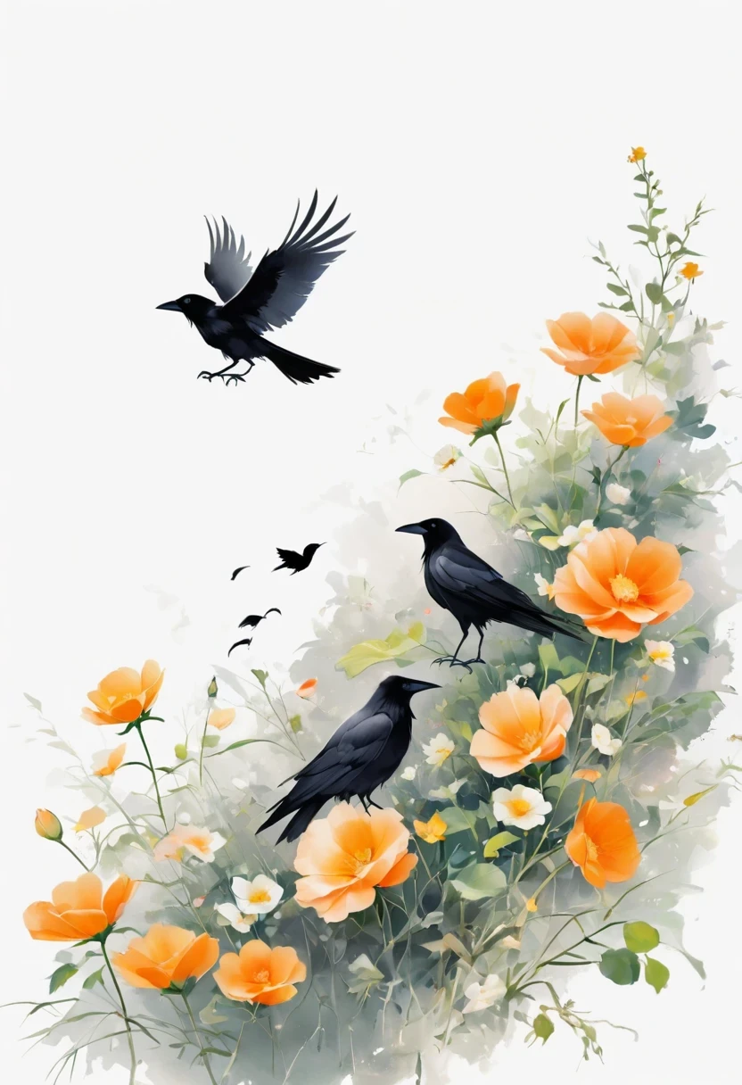 crow, White background, flower, simple, Minimalism, Regular Angle,