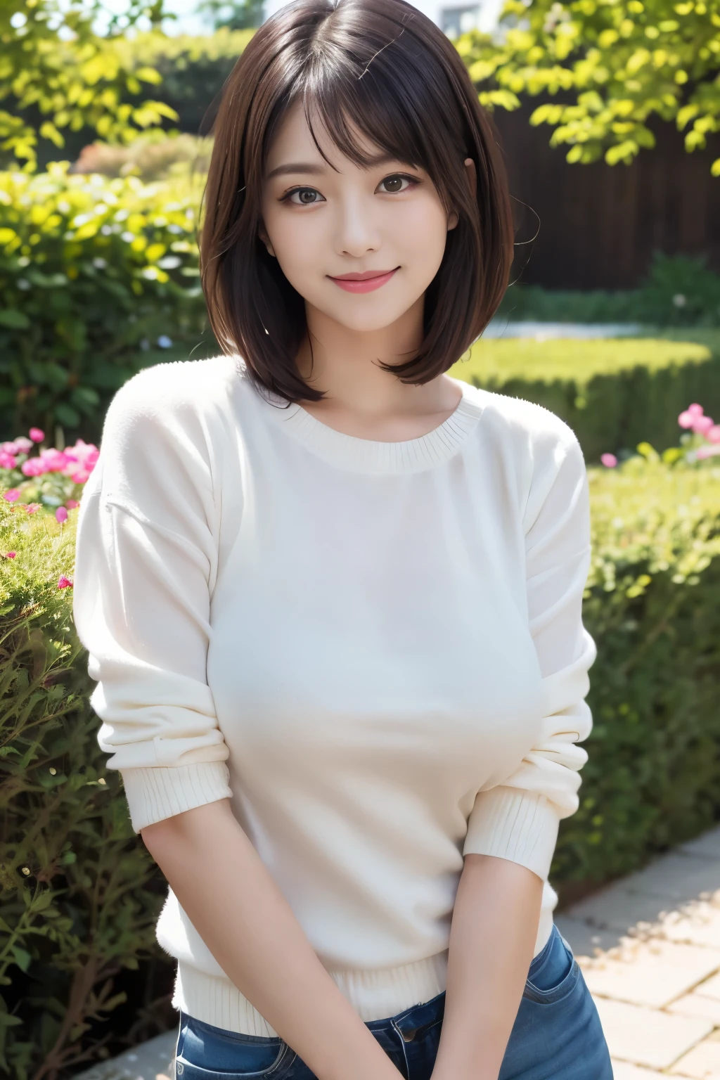 highest quality, masterpiece, ultra high resolution, (realistic: 1.4), (see off: 1.4), (see off: 1.4), Do not look at the camera, Raw photo, one girl, black hair, (straight bob: 1.4), (Patsun: 1.4), bangs, smile, Glossy skin, dramatic lighting, neat, T-shirt, white summer sweater, (big: 0.9), garden