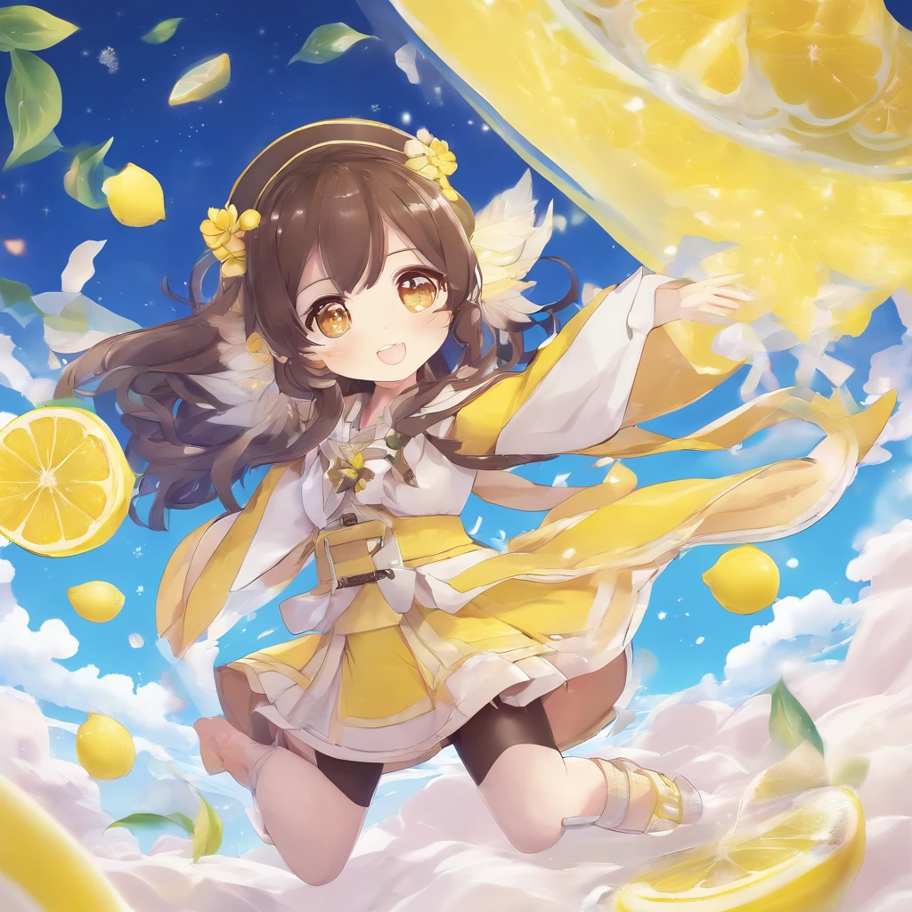 anime style, kawaii style lemon meringue, mocha skintone, dark brown hair color, brown eyes, lemon character, gnome background magical, full body, 3D Image 