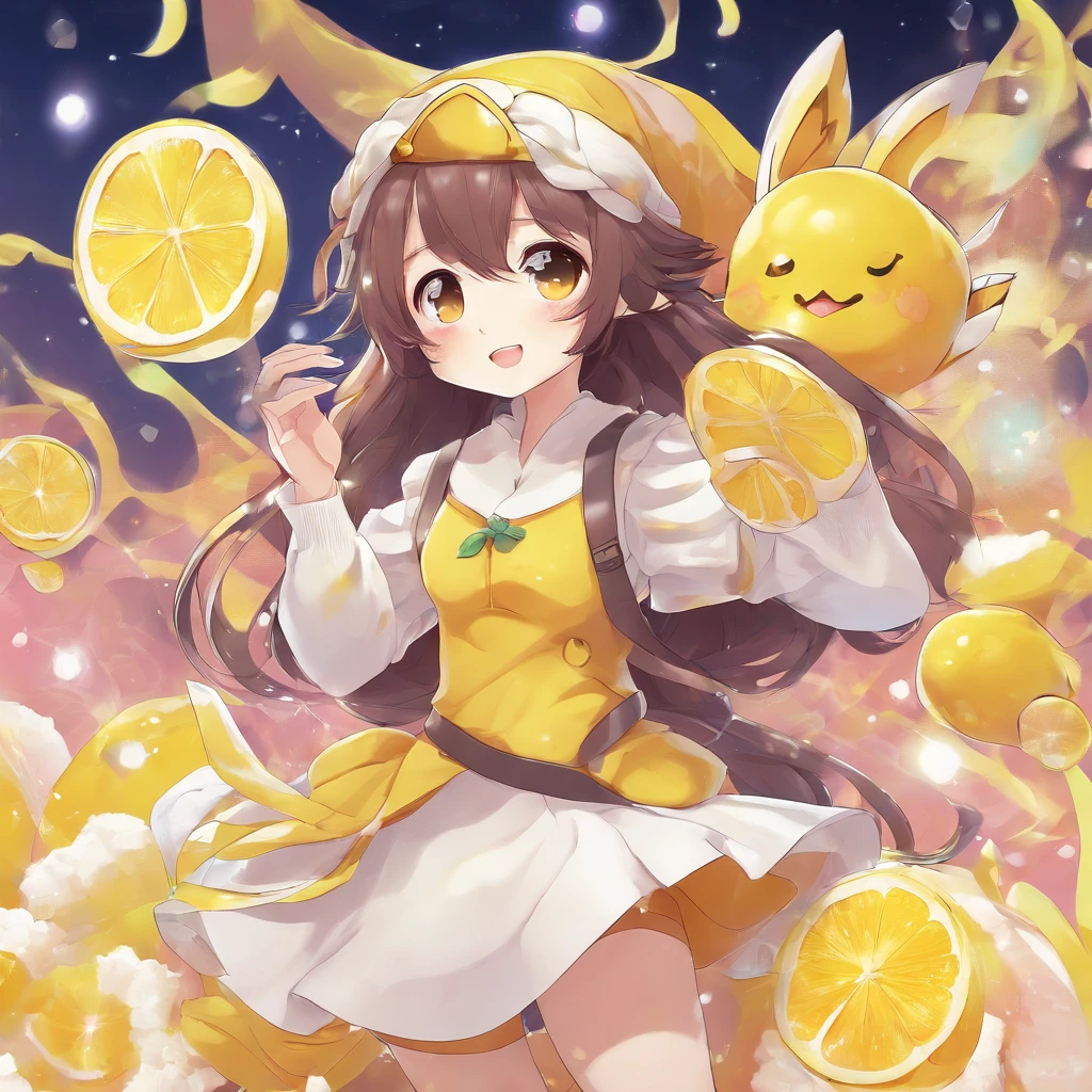 anime style, kawaii style lemon meringue, mocha skintone, dark brown hair color, brown eyes, lemon character, gnome background magical, full body, 3D Image 