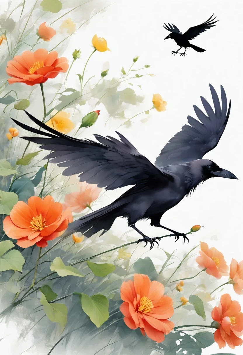 crow, White background,  flower, simple, Minimalism, Regular Angle, 