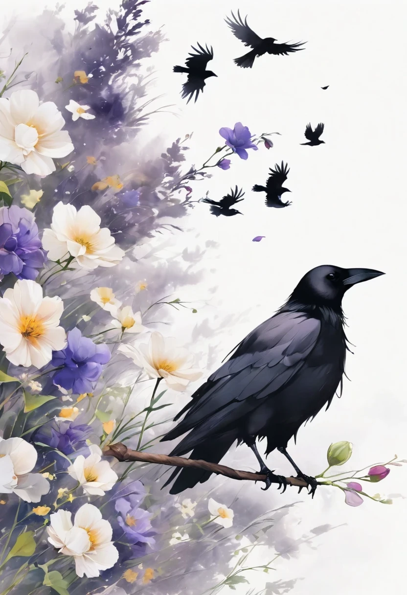 crow, White background, flower, simple, Minimalism, Regular Angle,