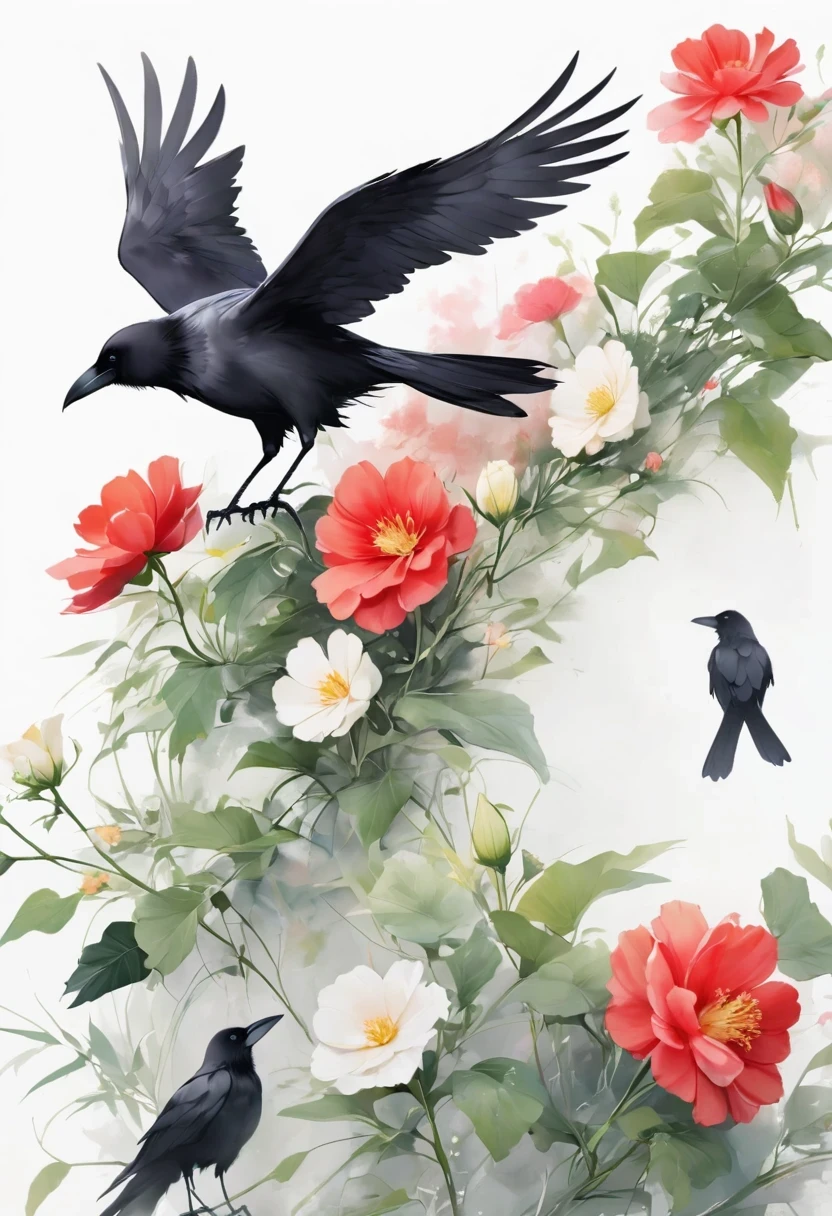 crow, White background, flower, simple, Minimalism, Regular Angle,