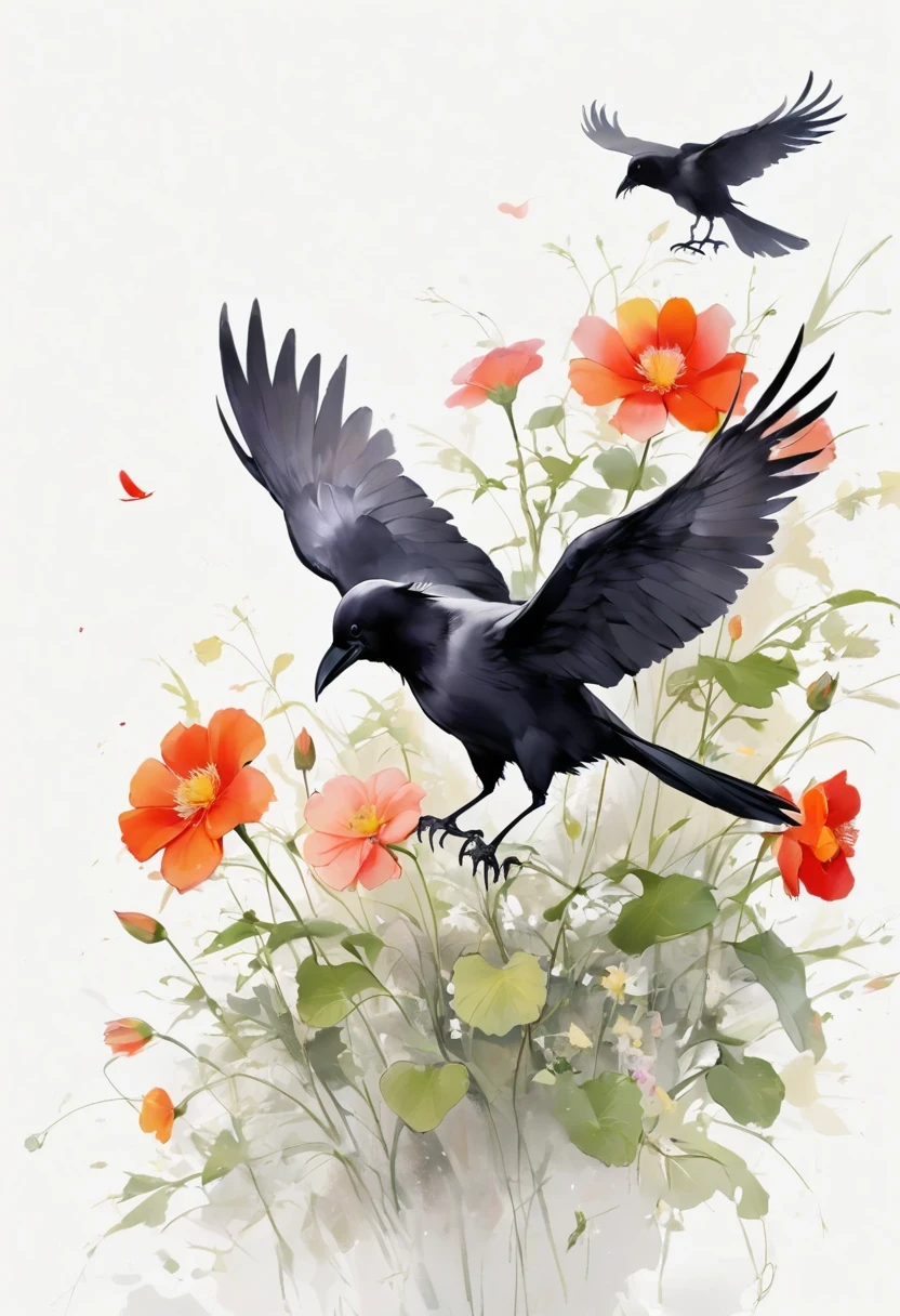 crow, White background, flower, simple, Minimalism, Regular Angle,