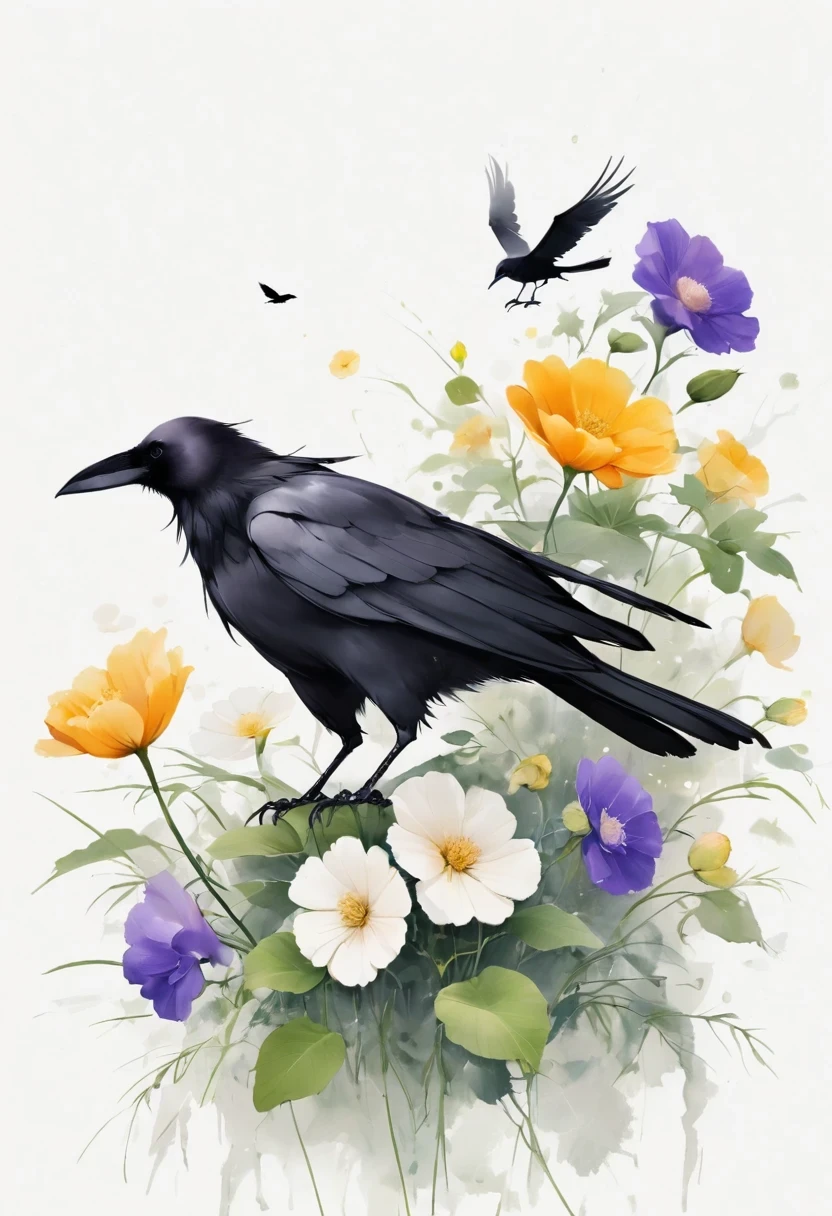 crow, White background,  flower, simple, Minimalism, Regular Angle, 