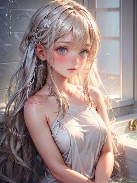 (ultra-detailed, sharp focus) Cute girl wearing a bath towel, (realistic, photorealistic:1.37) lovely face, (beautiful detailed eyes, beautiful detailed lips) with slightly blushed cheeks, (bright, sunny) lighting. The girl has a (happy, content) expression, (long, flowing) hair cascading down her shoulders. The bath towel is (soft, fluffy) and (pure white), neatly wrapped around her body. There are tiny water droplets on her skin, giving a sense of freshness. In the background, there is a (stylish, modern) bathroom with a (glass, transparent) shower cubicle and a (sleek, minimalist) bathtub. The atmosphere is serene and relaxing, creating a spa-like feeling. The overall color tone is (warm, pastel), emphasizing a cozy and comfortable atmosphere. The picture exudes a sense of cleanliness and feminine charm.