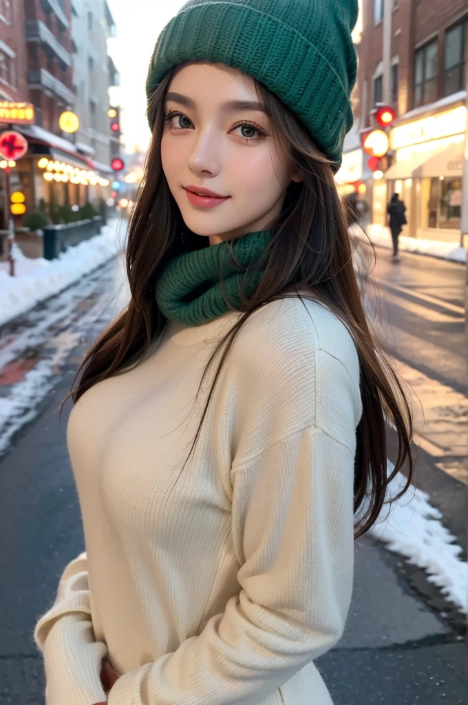 (best quality,highres,ultra-detailed),(realistic:1.37),portrait,painting,(oil painting:1.2),individual,young girl,23 years old,brown eyes,beautiful detailed eyes,beautiful detailed lips,extremely detailed eyes and face,long eyelashes,wavy brown hair,fine hair detailed,full figure,tall and slender body,confident pose,long hair tied up,short hair details,green winter clothing,stylish and fashionable outfit,wearing a trendy winter hat,model,standing on a snowy street,holding a snack in her hand,expressive and engaging eyes,alluring smile,sexy breasts,feminine curves,random photo pose,vivid colors,soft and warm lighting,cozy winter atmosphere