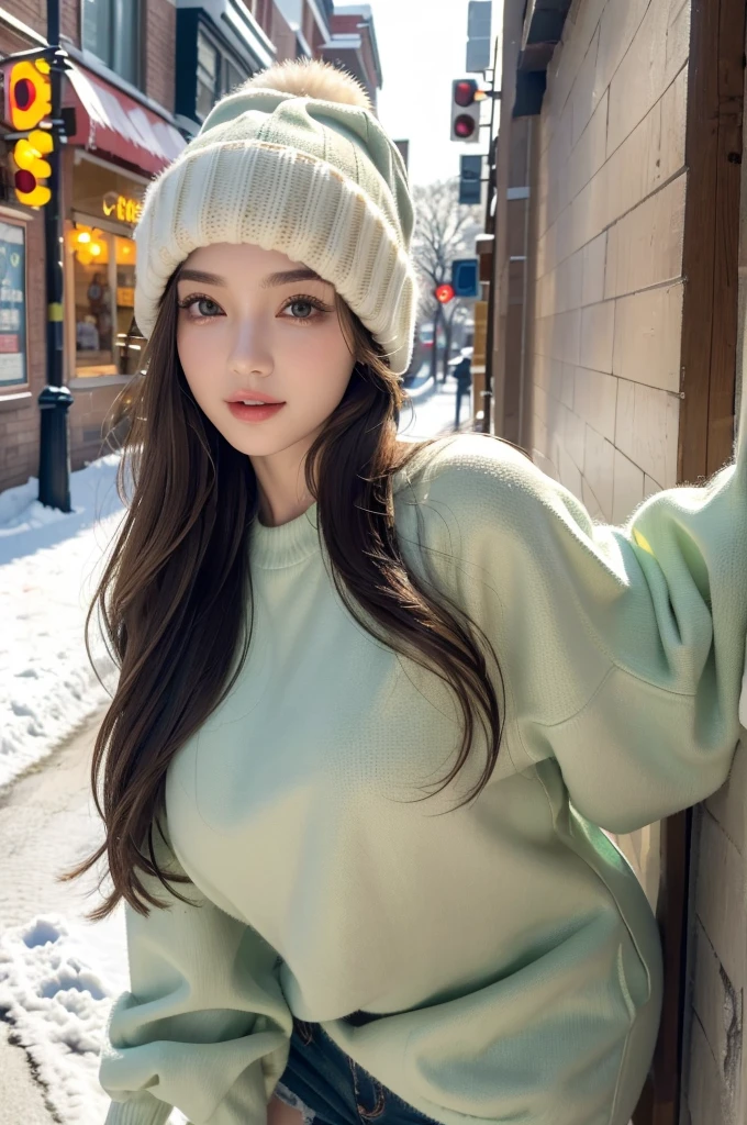 (best quality,highres,ultra-detailed),(realistic:1.37),portrait,painting,(oil painting:1.2),individual,young girl,23 years old,brown eyes,beautiful detailed eyes,beautiful detailed lips,extremely detailed eyes and face,long eyelashes,wavy brown hair,fine hair detailed,full figure,tall and slender body,confident pose,long hair tied up,short hair details,green winter clothing,stylish and fashionable outfit,wearing a trendy winter hat,model,standing on a snowy street,holding a snack in her hand,expressive and engaging eyes,alluring smile,sexy breasts,feminine curves,random photo pose,vivid colors,soft and warm lighting,cozy winter atmosphere