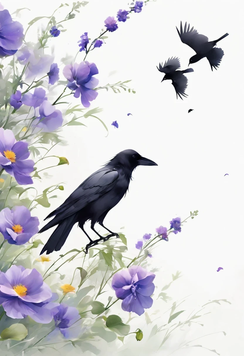 crow, White background, flower, simple, Minimalism, Regular Angle,