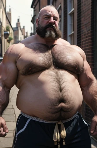  A late 19th century wrestler sweaty old man standing bald with handlebar mustaches extremely muscular and extremely fat over 70 years old weighing over 600 pounds with extremely large and very saggy and very hairy gynecomastia and very large muscular breasts., dark pointed nipples with bodybuilder relaxed muscles in a Victorian London alley 