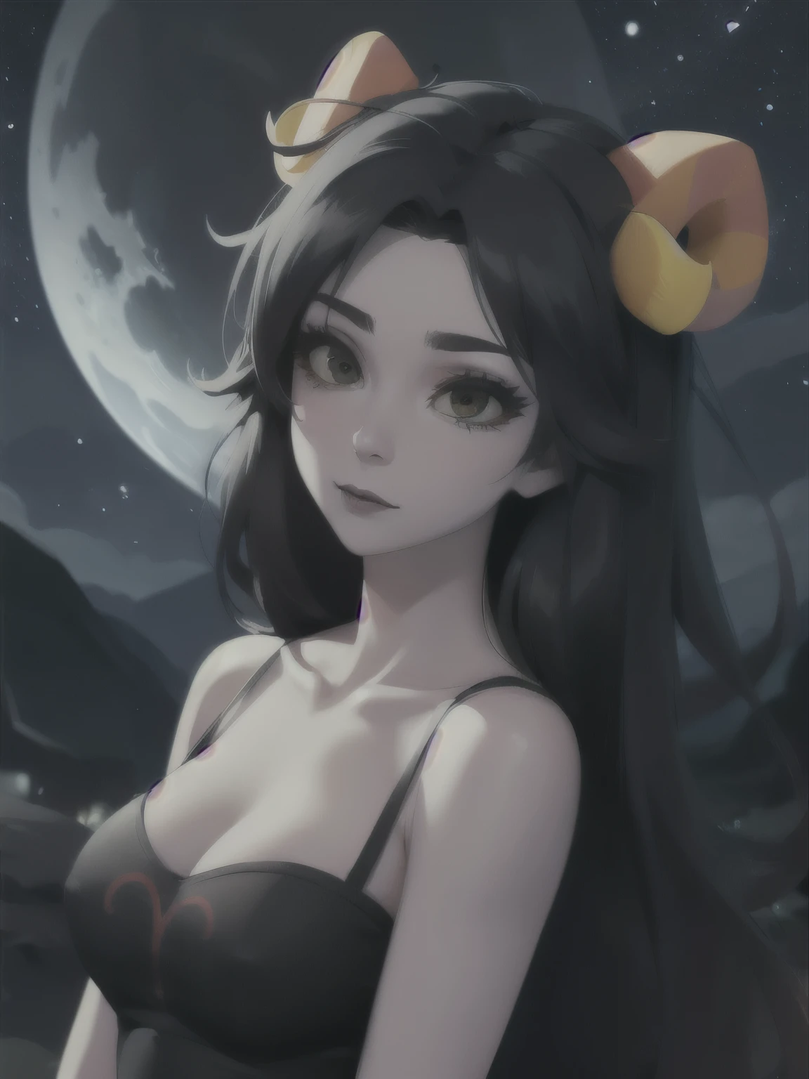 close-up portrait, aradia,  (horns), gray skin, very long hair, [[simple background]], cleavage, dress, bare shoulders, collarbone, (black lipstick), eyeliner, mature, (black eyes), (yellow sclera), goth, looking at viewer, night sky, stars, nebula, low angle