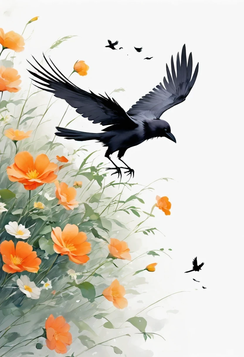 crow, White background, flower, simple, Minimalism, Regular Angle,