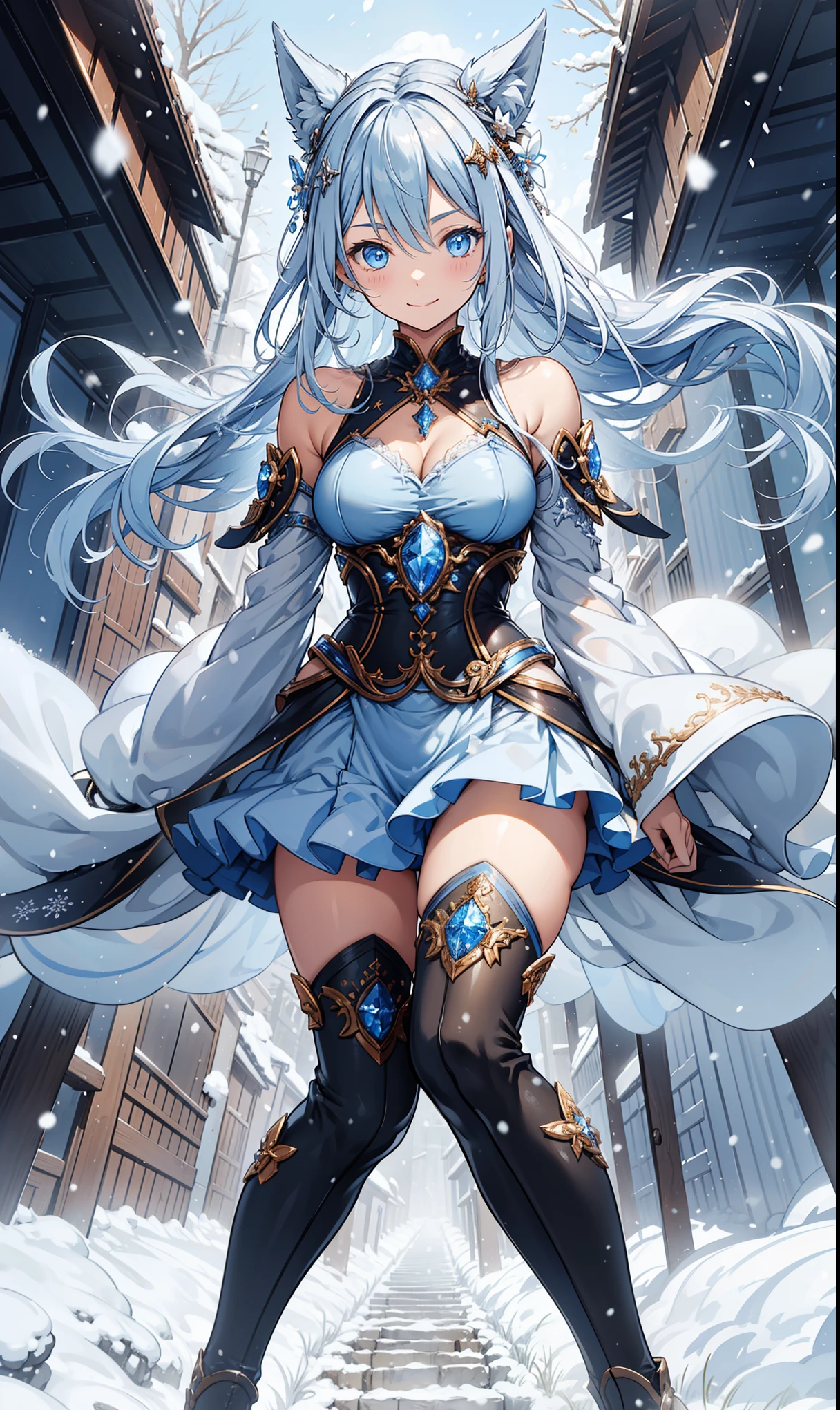 masterpiece, Very detailed, super detailed, cold, alone, (1 girl), smile, ice blue eyes, Frosty white hair, 酷chala, flat face, young woman, multiple sclerosis. chala, medium , charm, confident, cold face, goddess,, (Snowy background), snowflake, (Frozen Flowers:0.5), (Calm expression), (Ice storms:1.1), (modern casual clothing), (Snow covered ground), (Smile:0.7),thigh boots