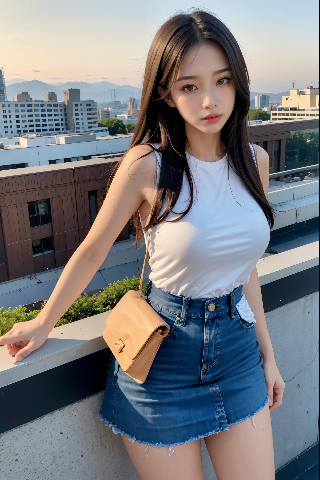((Midnight, Best quality, 8k, Masterpiece :1.3)), Whole body, Long legs, Sharp focus :1.2, A pretty woman with perfect figure :1.4, Slender abs :1.1, ((Dark brown hair, Big breasts :1.2)), (White tight tshirt, Jean bib, Standing:1.2), ((Night city view, Rooftop:1.3)), Highly detailed face and skin texture, Detailed eyes, Double eyelid, no dress, naked, sexy, pink 