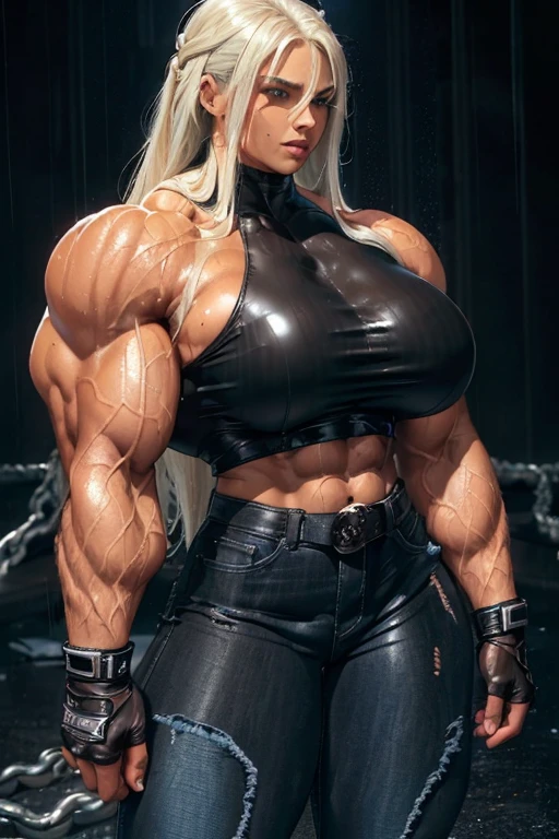 (((((Massive tall, beautiful, buff, wet, brown skinned muscular woman with white wet hair, ginormous bulky muscles, and wearing a tight black cropped leather top with tight black denim pants))))), close view, massive muscle, massive biceps, hyper muscle shoulders, (massive muscle arms), vascular shoulders, hyper muscle triceps, (long straight hair), blue eyes, choker, (long fingerless gloves), (chain belt), black boots, (in a rainy pitch black alley), confidant smile, night, hyper vascular arm, hyper muscles arms, hyper muscle legs, (massive arms).