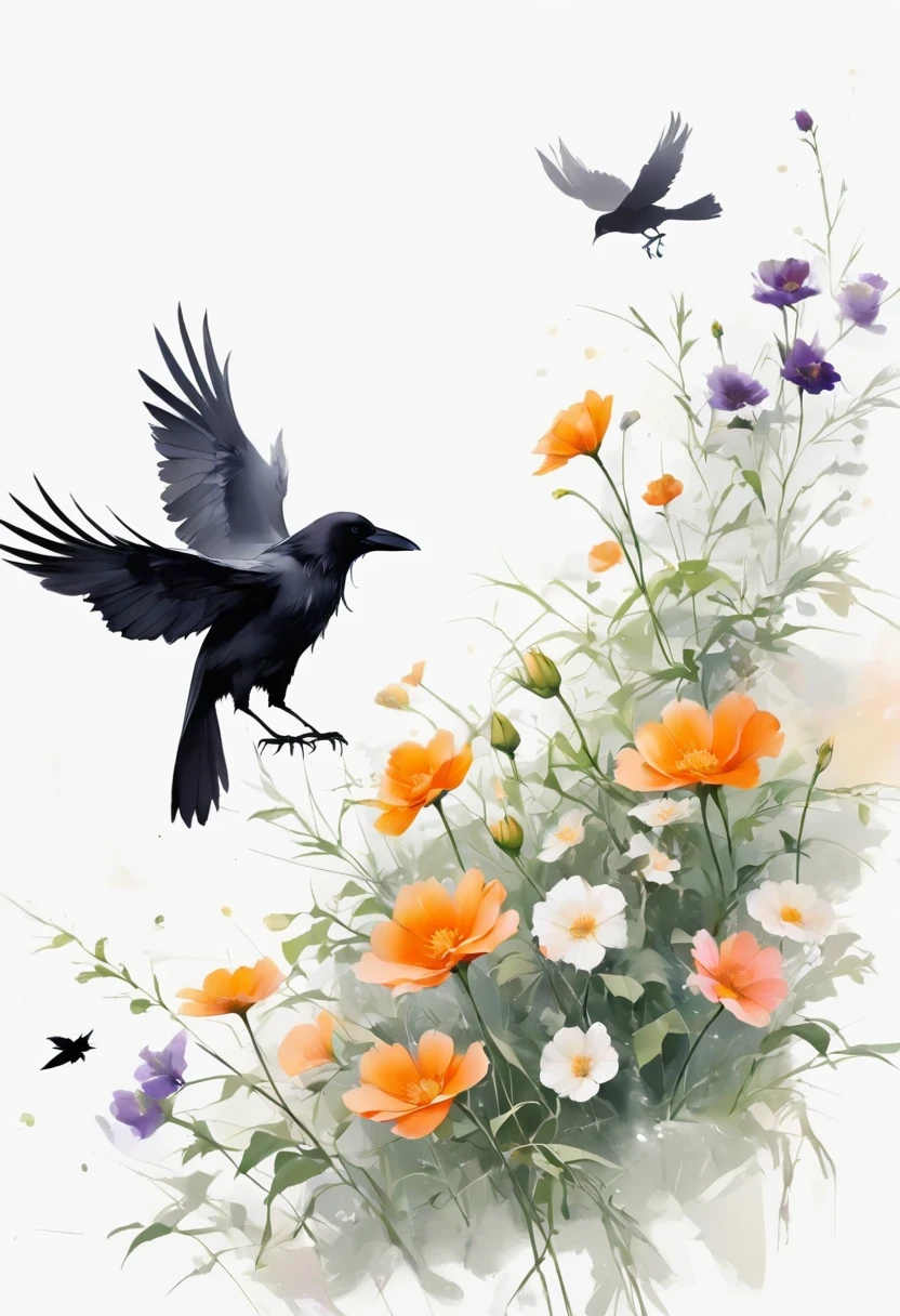 crow, White background,  flower, simple, Minimalism, Regular Angle, 
