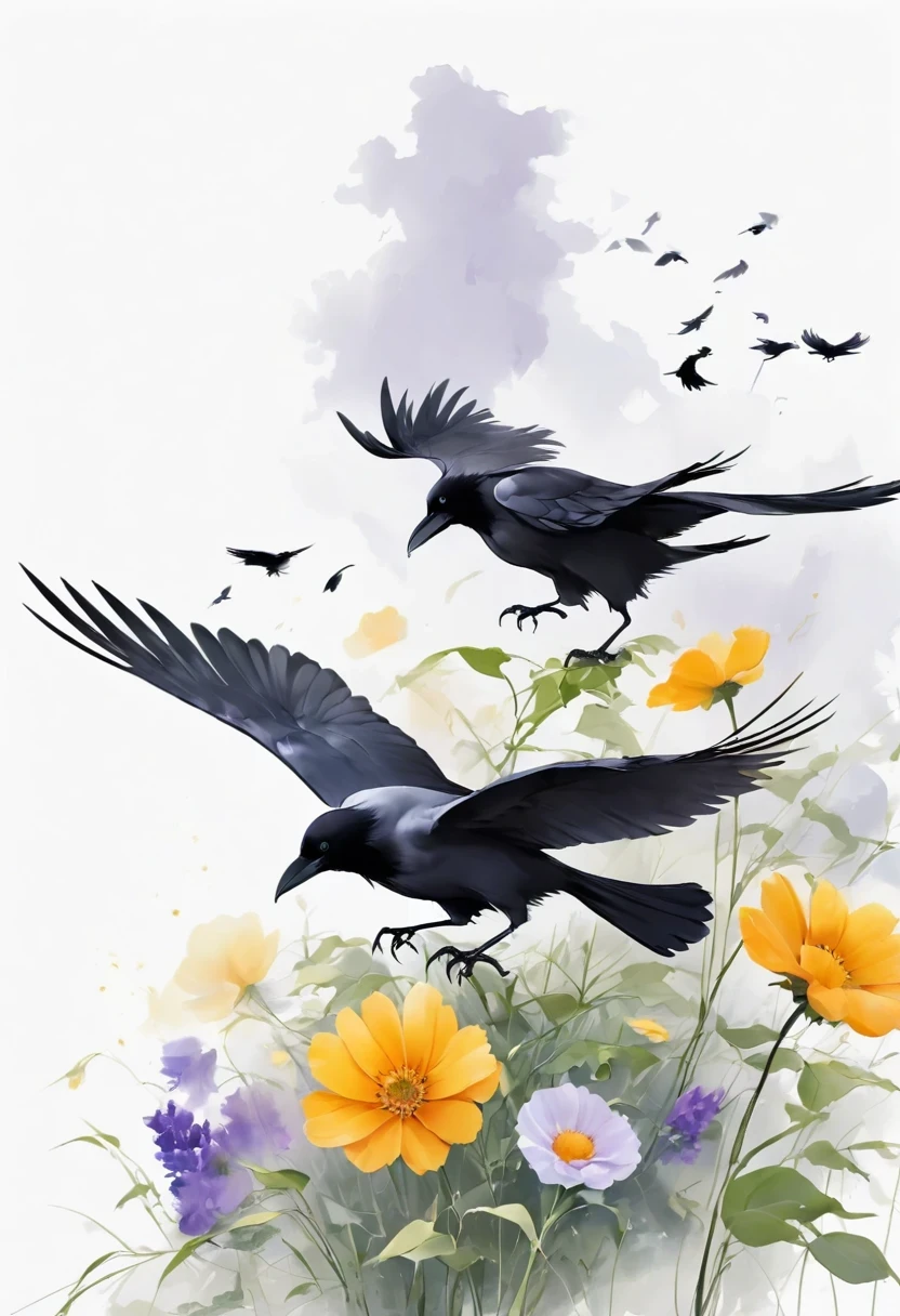 crow, White background,  flower, simple, Minimalism, Regular Angle, 