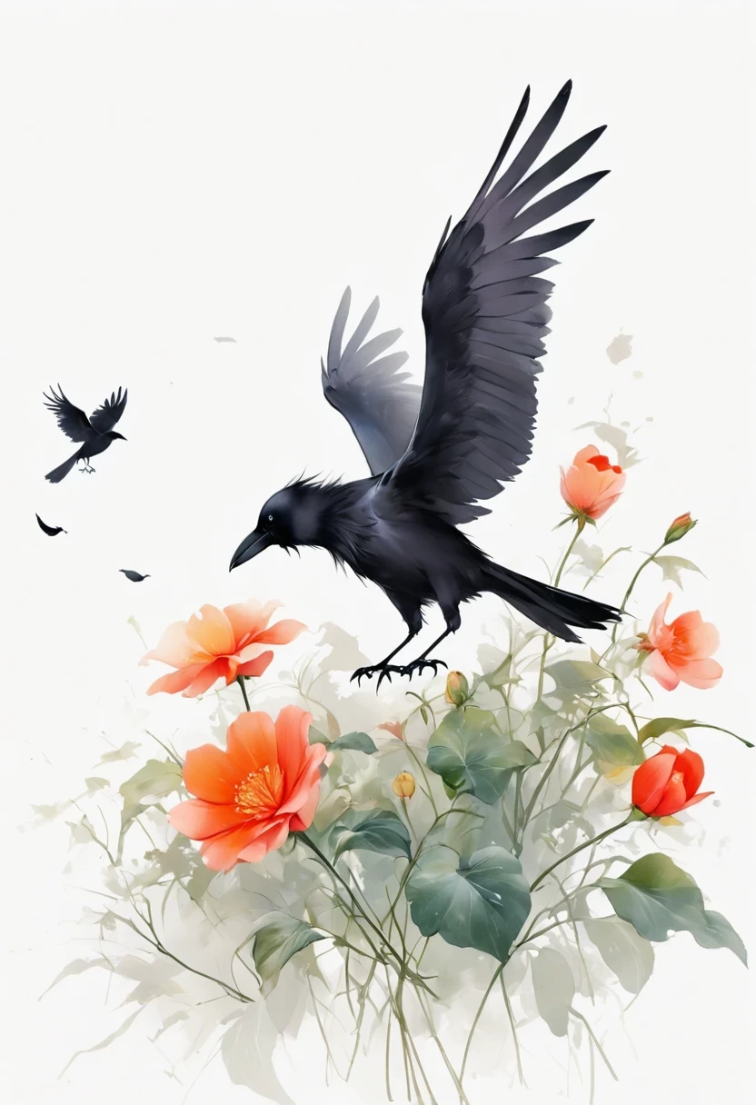 crow, White background, flower, simple, Minimalism, Regular Angle,