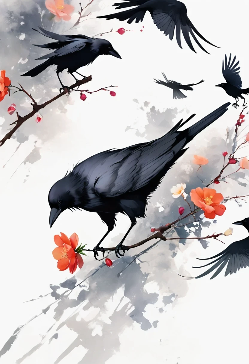 crow, White background,  flower, simple, Minimalism, Regular Angle, 