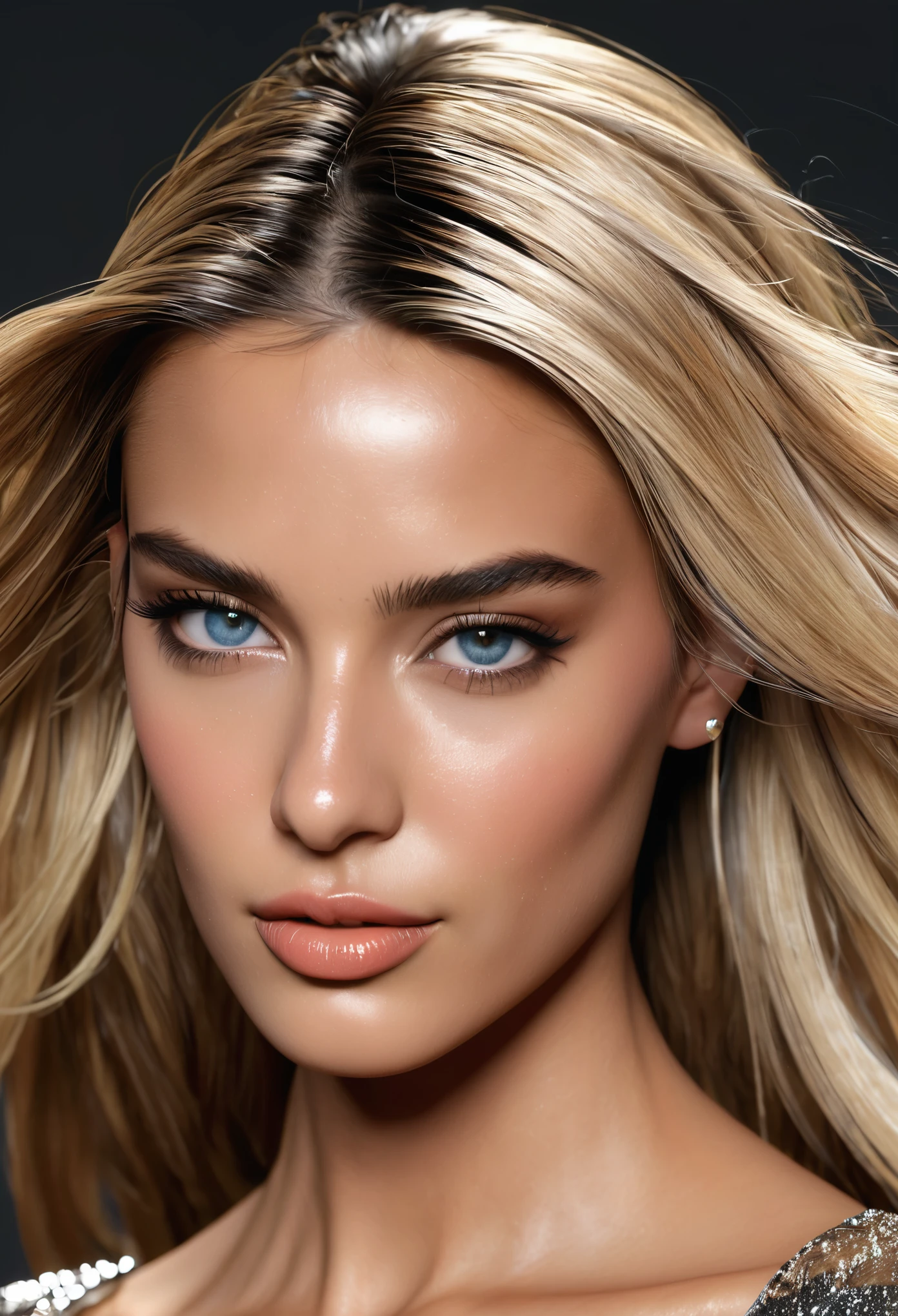 Irina Shayk. portrait. close-up. Beautiful young girl with very big lips. Instagram model. platinum blonde. Gray background