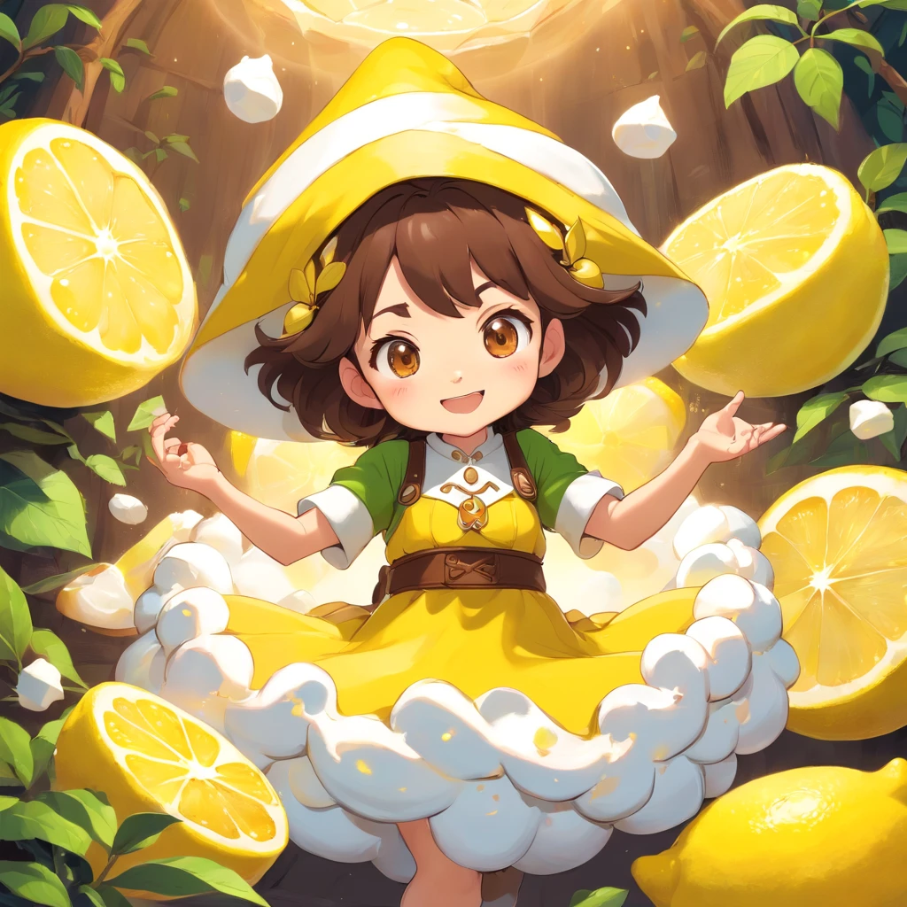 anime style, kawaii style lemon meringue, mocha skintone, dark brown hair color, brown eyes, lemon character, gnome background magical, full body, 3D Image