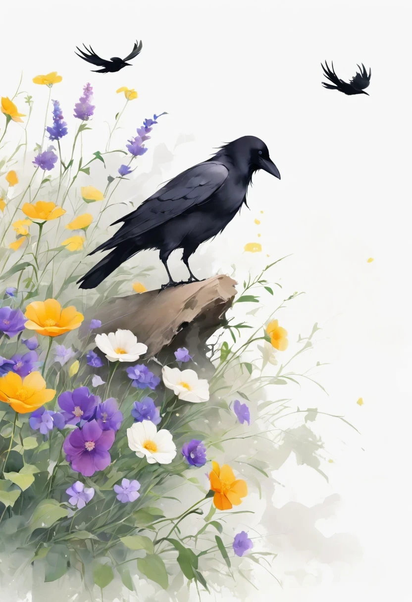 crow, White background, flower, simple, Minimalism, Regular Angle,