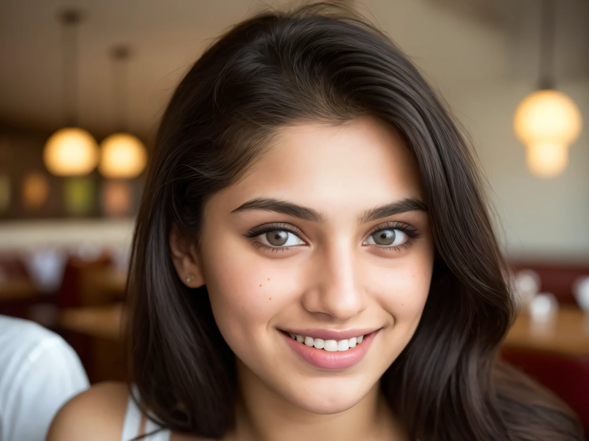 (editorial photograph of a 21 year old white skinned beautiful Pakistani woman), (highly detailed face:1.4) (smile:0.7) POV, by lee jeffries, nikon d850, film stock photograph ,4 kodak portra 400 ,camera f1.6 lens ,rich colors ,hyper realistic ,lifelike texture, , cinestill 800, black hair, young, in a restaurant