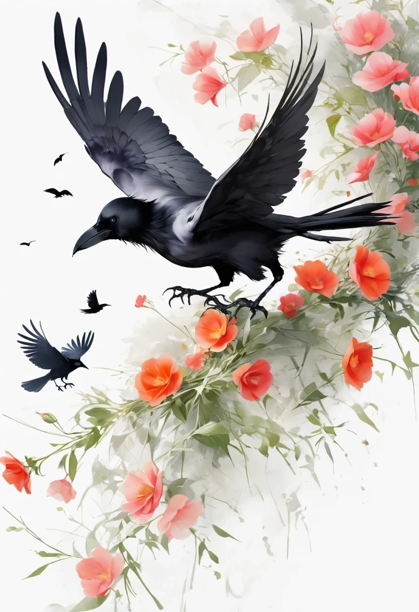 crow, White background, flower, simple, Minimalism, Regular Angle,