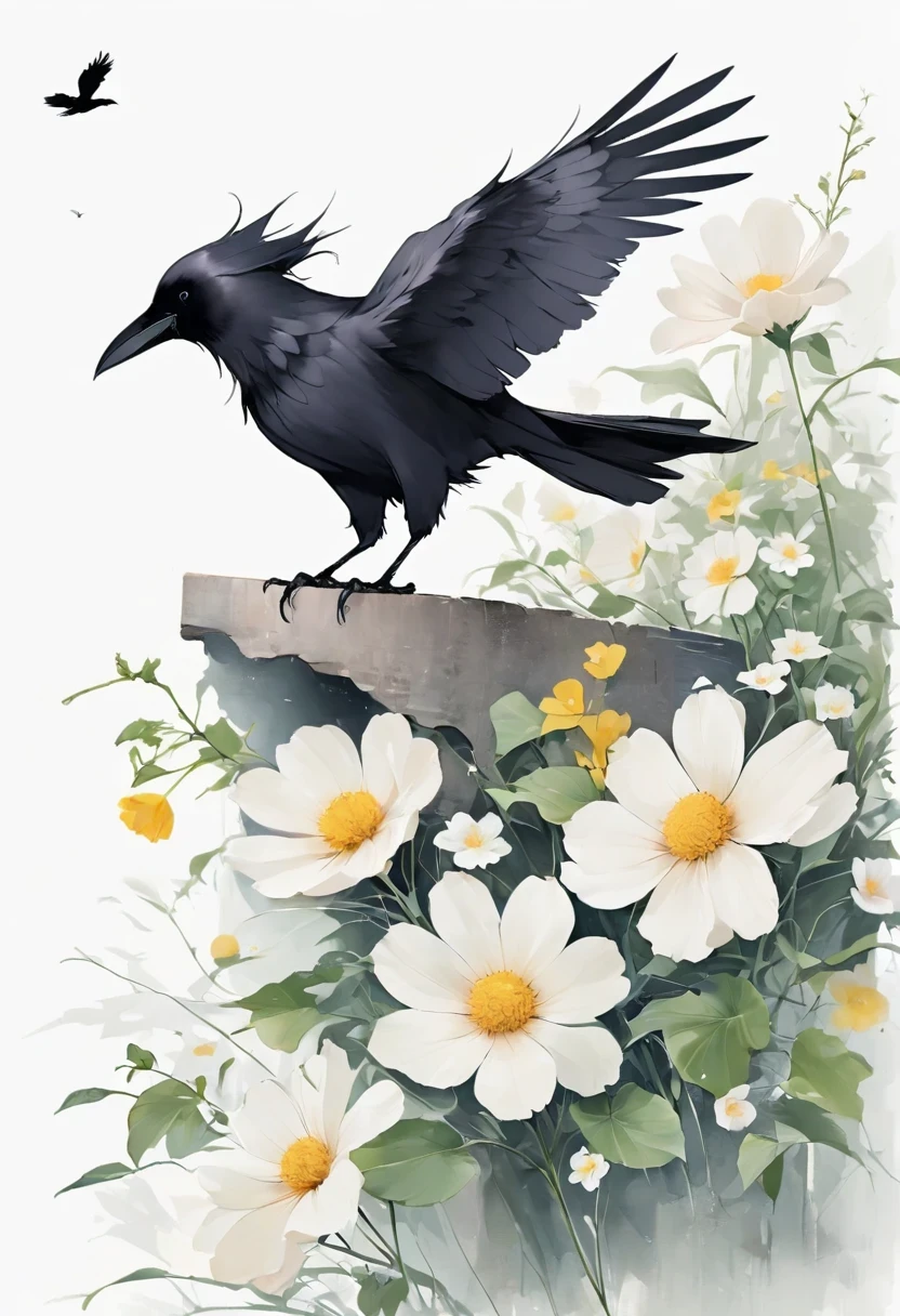 crow, White background,  flower, simple, Minimalism, Regular Angle, 