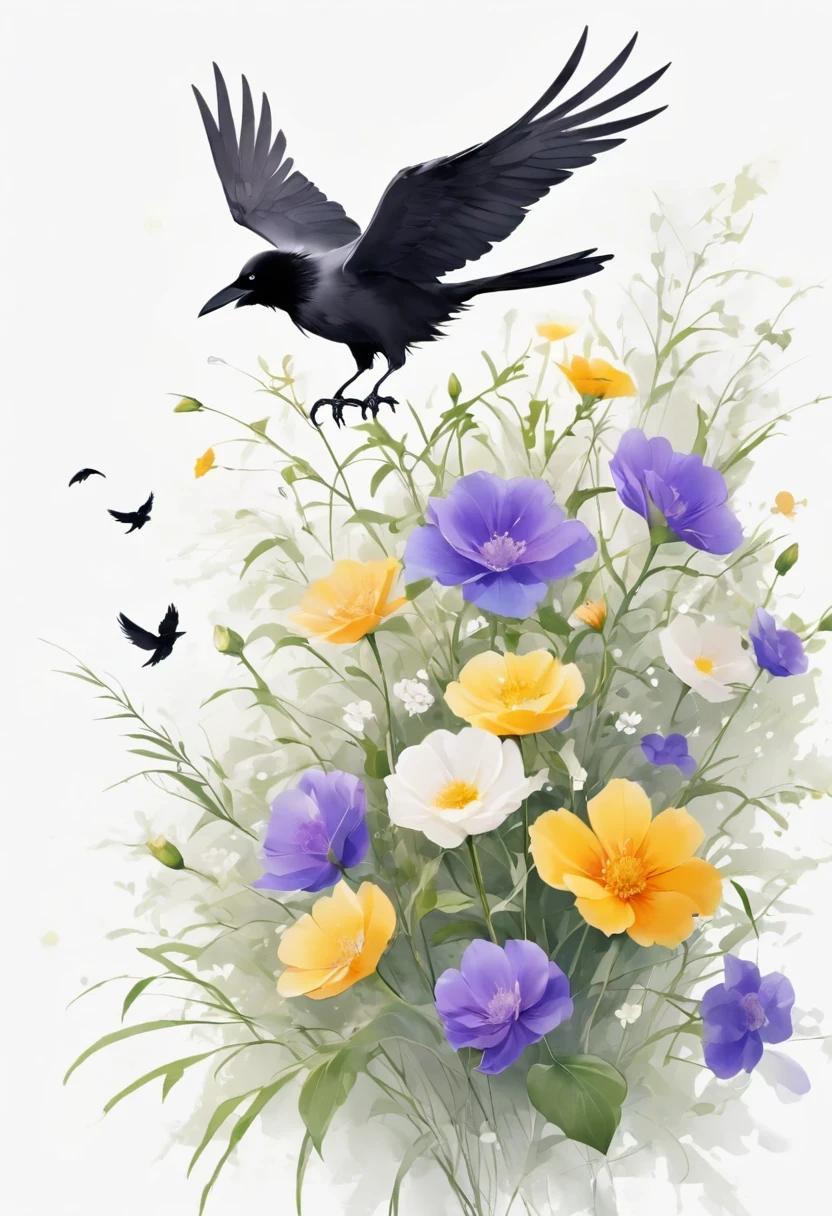 crow, White background,  flower, simple, Minimalism, Regular Angle, 